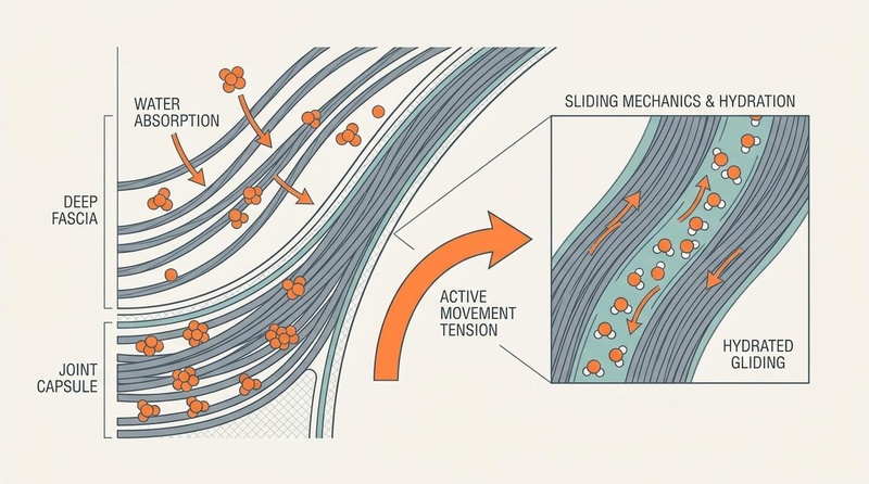 Biomedical diagram illustrating the adaptations of fascial tissue and joint capsule under dynamic tension and active range of motion training versus passive stretching.