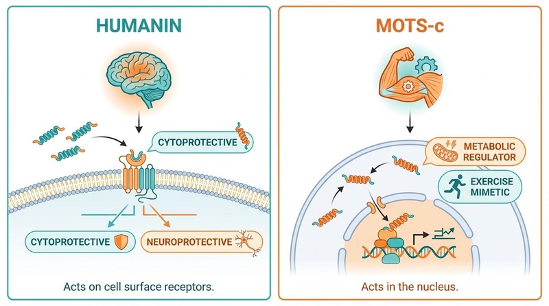 Side-by-side comparison showing Humanin as a neuroprotective bodyguard and MOTS-c as a metabolic regulator.