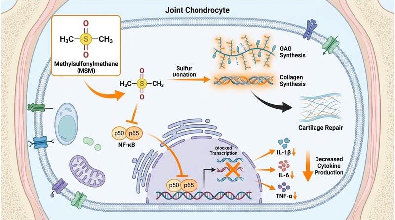 MSM signaling pathway in joint chondrocytes showing sulfur donation and NF-κB pathway inhibition