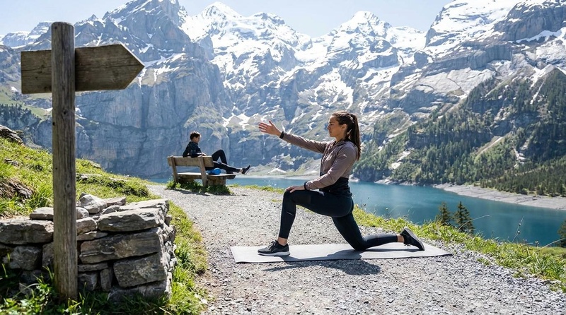 Runner stretching in alpine landscape