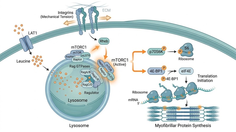 Biomedical vector illustration mapping the integration of mechanical tension via integrins and amino acid entry via the LAT1 transporter converging on the lysosomal membrane to activate the mTORC1 complex, driving translation initiation inside a skeletal muscle fiber. Figure 1: Cellular signaling of Muscle Protein Synthesis (MPS). Mechanical tension and intracellular amino acids (specifically leucine) act synergistically to activate the mTORC1 complex, promoting downstream translation initiation via p70S6K and 4E-BP1.