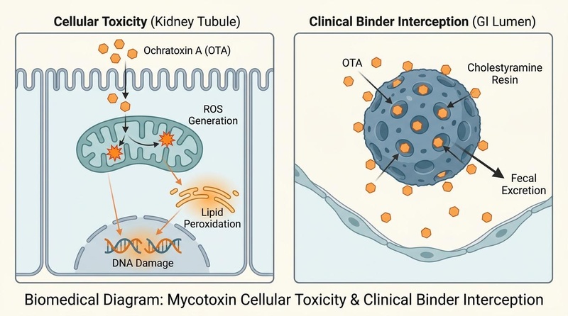 Figure 1: Cellular toxicity of Ochratoxin A in kidney cells (mitochondrial oxidative stress and DNA damage) and its interception by oral cholestyramine binders in the GI lumen. Mycotoxin Toxicity and Binders