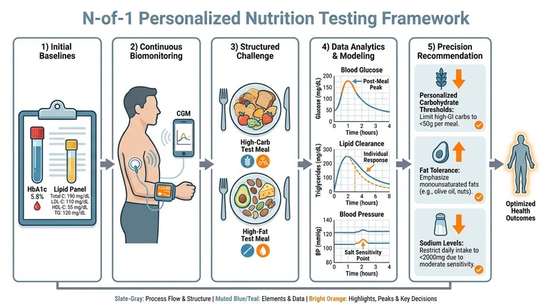 The N-of-1 Personalized Nutrition Testing Framework: An iterative clinical and biohacking workflow combining baseline labs, continuous biometric tracking, and targeted dietary challenges to construct individualized nutritional recommendations. N-of-1 Personalized Nutrition Testing Framework