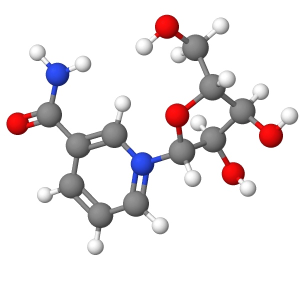Chemical structure diagram of Nicotinamide Riboside showing a six-membered pyridine ring connected to a ribose ring with correct stereochemistry and carbon labeling.