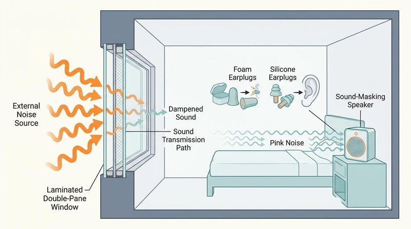 A detailed bedroom cross-section. Left shows external noise waves being dampened as they pass through a laminated double-pane window. Inside the room, an earplug inset compares foam and silicone plugs, and a sound-masking speaker emits calming pink noise.
