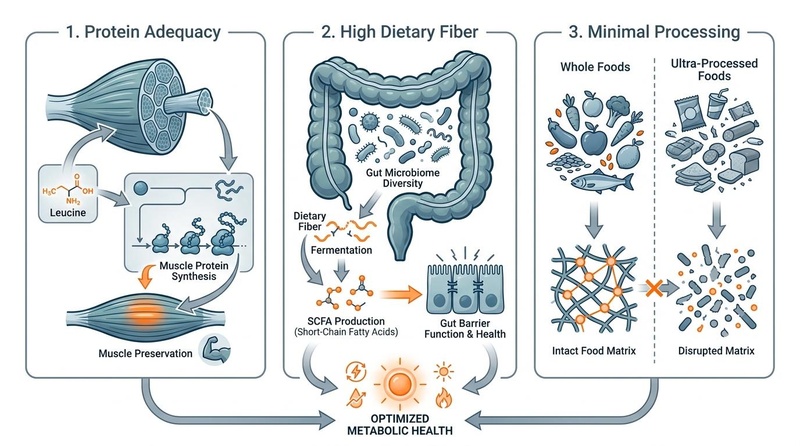 Comparison of whole food matrices versus ultra-processed, disrupted food structures on muscle synthesis, gut health, and digestive speed. The Whole Food Matrix vs. Disrupted Matrix