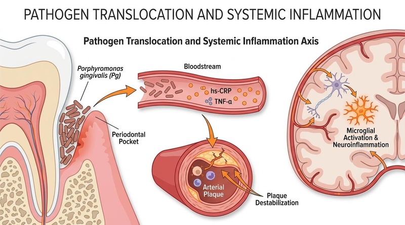 Una ilustración biomédica que representa el eje de translocación oral-sistémica donde los patógenos periodontales invaden los capilares para impulsar la patología inflamatoria sistémica.