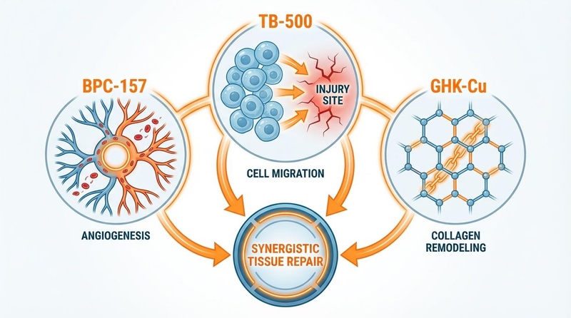 The synergistic roles of BPC-157, TB-500, and GHK-Cu in tissue regeneration. Peptide Synergy Diagram