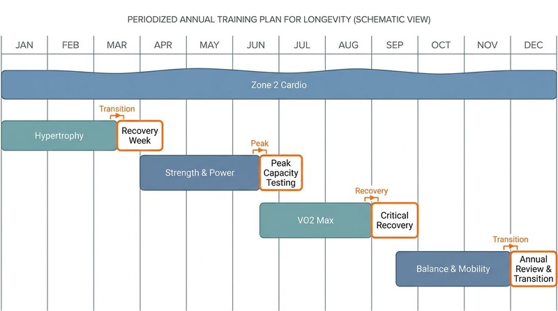 Plan de entrenamiento anual periodizado para la longevidad (Vista esquemática) Plan de entrenamiento anual periodizado