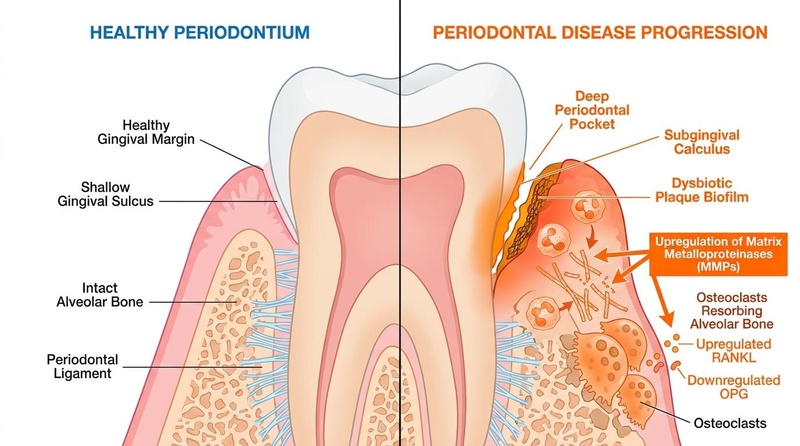 La progresión de la enfermedad periodontal desde la salud hasta la periodontitis severa
