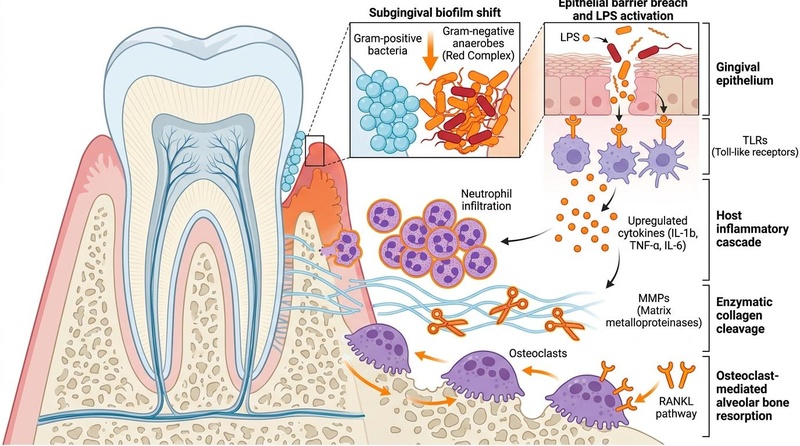 Una ilustración biomédica detallada que muestra la penetración en la piel y el mecanismo molecular de la periodontitis, representando el cambio en la biopelícula y la reabsorción ósea.