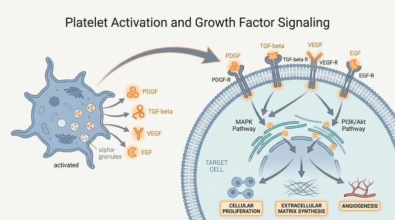 Biomedical diagram of platelet growth factor biology, showing the release of PDGF, TGF-β, VEGF, and EGF from activated platelets, receptor binding, and downstream regenerative signaling.