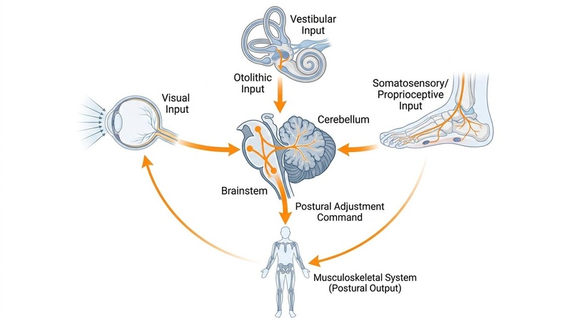 A scientific diagram illustrating the sensory integration pathway of postural control, showing visual, vestibular, and somatomotor/proprioceptive systems feeding into the cerebellum.