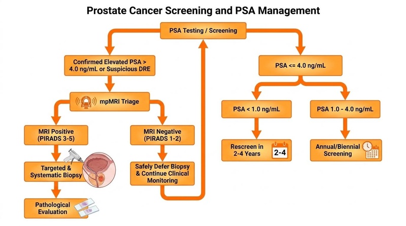 Clinical flowchart for prostate cancer screening and PSA management