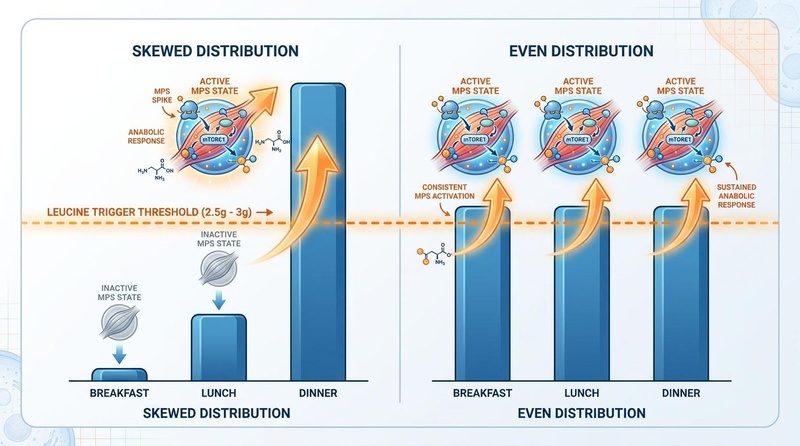 Skewed versus even daily protein distribution and its effect on Muscle Protein Synthesis (MPS) via the leucine trigger threshold. Leucine trigger protein distribution comparison