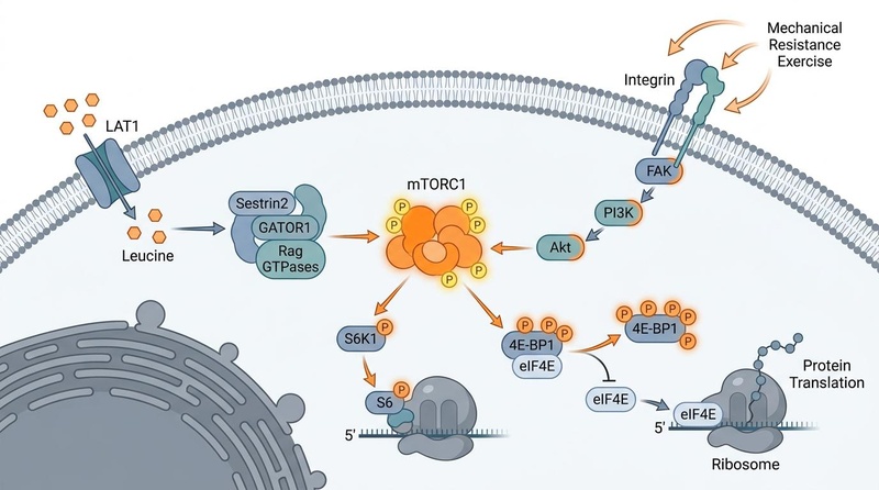 Synergistic activation of the mTORC1 pathway via the leucine trigger and resistance exercise, highlighting the dissociation of phosphorylated 4E-BP1 from eIF4E. mTOR pathway via protein