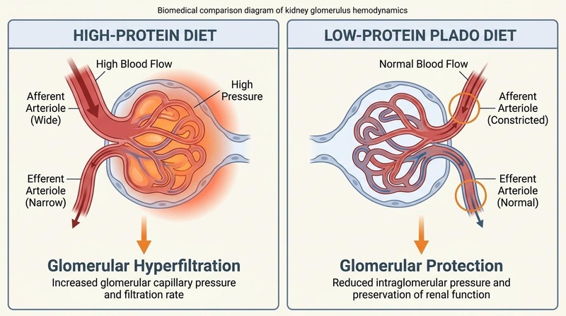 Glomerular hemodynamics and the kidney-protective effect of a low-protein PLADO diet compared to hyperfiltration induced by a high-protein load in compromised nephrons. Kidney glomerulus hemodynamics under high vs low protein diets