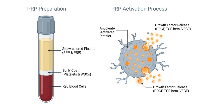 Ilustración biomédica de la centrifugación del plasma rico en plaquetas (PRP) y la liberación de factores de crecimiento
