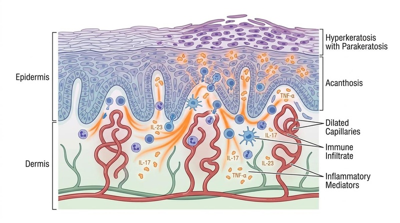 Ilustración de sección transversal de piel afectada por psoriasis, que muestra inflamación y formación de placas