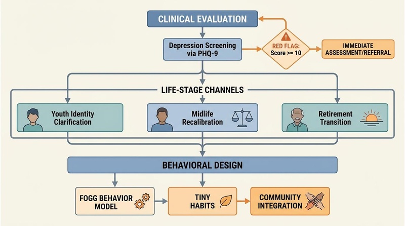 Clinical decision path for evaluating purpose and psychological health, incorporating PHQ-9 screening, life-stage specific intervention channels (retirement, midlife, youth), and behavioral design architecture.