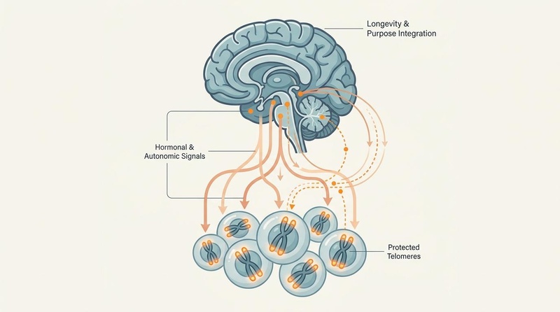 Conceptual biomedical illustration of how a sense of purpose coordinates central neurobiology to protect peripheral tissues from cellular aging. Conceptual biomedical illustration of how a sense of purpose coordinates central neurobiology to protect peripheral tissues from cellular aging.