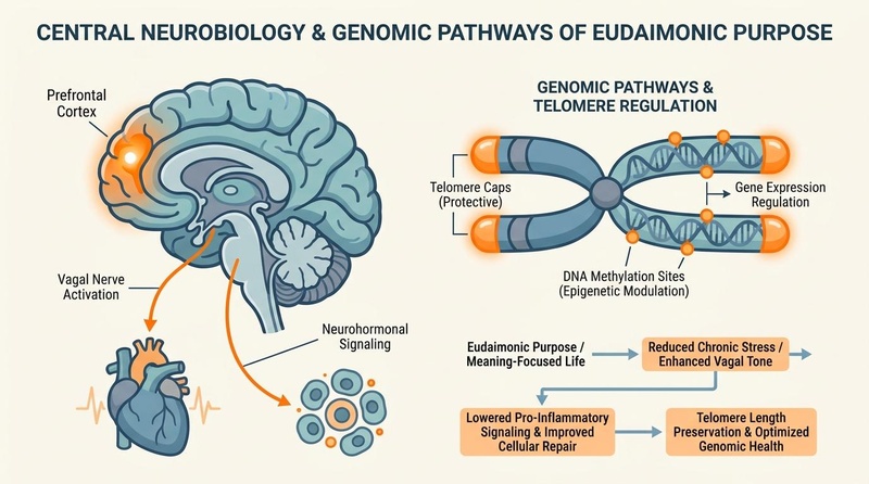 Neurovisceral and genomic pathways of eudaimonic purpose, showing prefrontal-vagal regulation of cardiac vagal tone, HPA axis suppression, and downstream telomere and epigenetic protection.