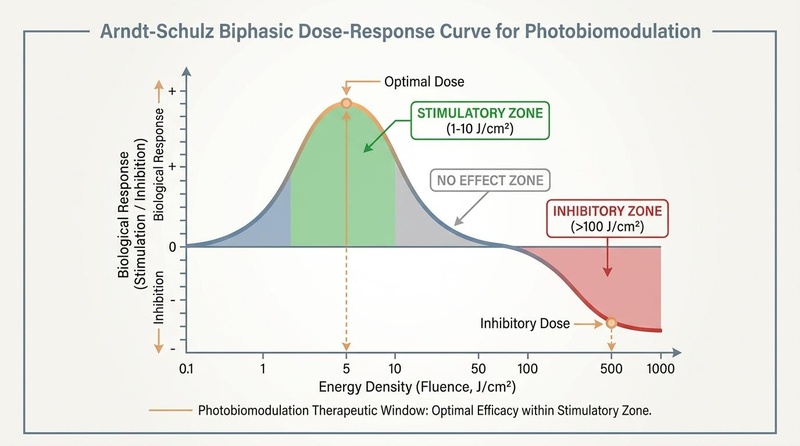 Graph illustrating the Arndt-Schulz biphasic dose-response curve for photobiomodulation, detailing stimulatory, no-effect, and inhibitory dose zones.