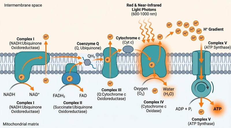 Mitochondrial electron transport chain diagram showing red and near-infrared photons stimulating Cytochrome c Oxidase (Complex IV), driving proton pumping across the inner membrane to create a gradient that powers Complex V (ATP synthase) to produce ATP from ADP and Pi