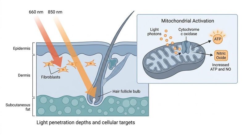 Biomedical diagram illustrating the mechanism of red and near-infrared light therapy on skin and hair follicles, showing dermal penetration depths, mitochondrial cytochrome c oxidase activation, ATP synthesis, nitric oxide release, and upregulation of collagen and hair follicle growth pathways.