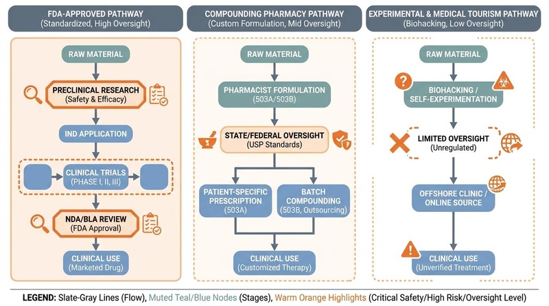 Flowchart diagram comparing three regulatory pathways: FDA drug approval, pharmacy compounding, and experimental medical tourism, detailing the oversight, clinical validation, safety controls, and risk of each.