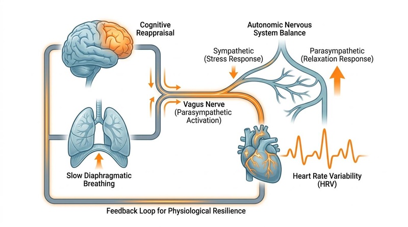 Biomedical diagram illustrating the neurological pathways of practical resilience protocols, showing the prefrontal cortex, vagus nerve, and heart with off-white background, slate-gray structure lines, muted blue/teal biological forms, and restrained warm orange emphasis on vagal activation.