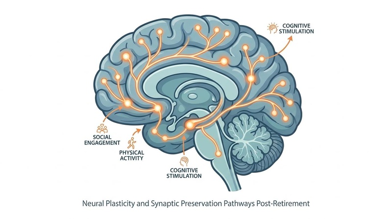 Biomedical diagram illustrating the maintenance of cognitive reserve in the cerebral cortex via ongoing social interaction, learning, and physical movement during the retirement transition.