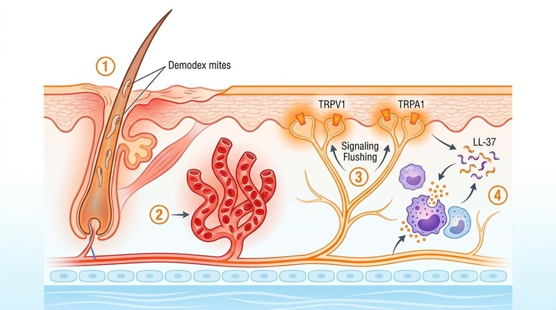 Biomedical cross-section of rosacea-prone skin showing the microvascular, neurovascular, and immune pathways of redness and inflammation.