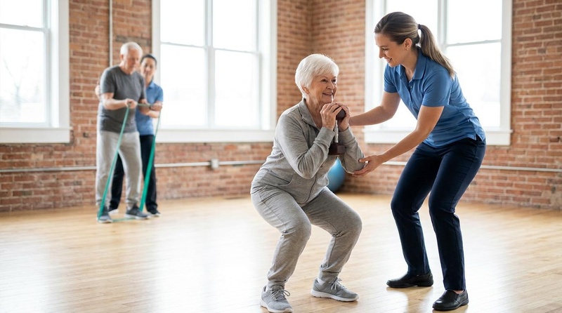 A professional exercise specialist instructing an elderly woman performing a goblet squat inside a clinical physical therapy studio, demonstrating safe sarcopenia and fall prevention. Figure 1: Guided progressive resistance training in older adults. Under professional supervision, older individuals can safely perform multi-joint compound movements to reverse sarcopenic muscle loss and preserve physical independence.