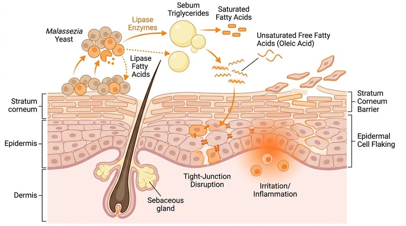 Figure 1: Pathophysiological mechanism of Malassezia-induced scalp barrier disruption. Lipases from Malassezia globosa/restricta hydrolyze sebum triglycerides, releasing irritating free fatty acids (such as oleic acid) that disrupt the stratum corneum barrier. Malassezia Pathophysiology
