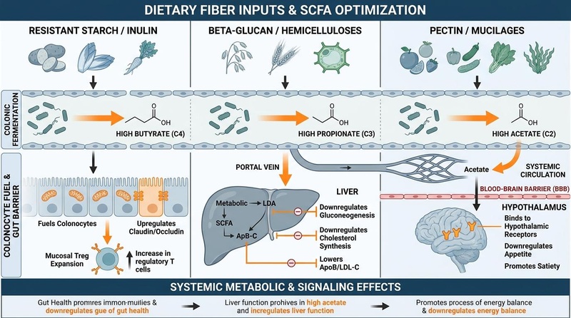 Figure 2: SCFA ratio optimization and systemic multi-organ signaling. Targeted fiber selection alters the molar ratios of acetate, propionate, and butyrate, modulating localized barrier function, hepatic lipids (ApoB/LDL-C), and central satiety. Short-chain fatty acid ratio optimization and systemic signaling pathways