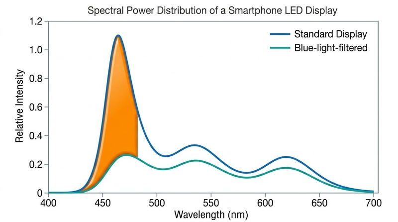 Line graph comparing the spectral power distribution of a standard smartphone display against a blue-light-filtered spectrum. The standard LED curve shows a dominant blue peak at approximately 470 nm, which is suppressed to 20% intensity under a filtered spectrum, with zero UV/violet emissions below 400 nm.