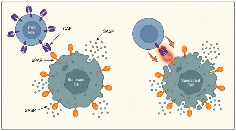 Biomedical illustration showing a CAR T-cell (labeled, blue, purple receptors) binding to a senescent cell (labeled, teal-gray, orange monomeric uPAR receptors) to target it for clearance.