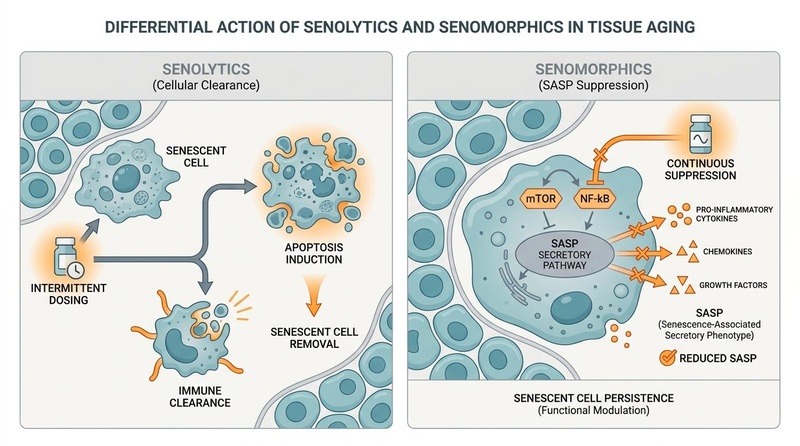 Cellular mechanics of senotherapeutics—Senolytics intermittently clear senescent cells, while senomorphics continuously suppress SASP factors. Figure 1: Cellular mechanics of senotherapeutics—Senolytics intermittently clear senescent cells, while senomorphics continuously suppress SASP factors.