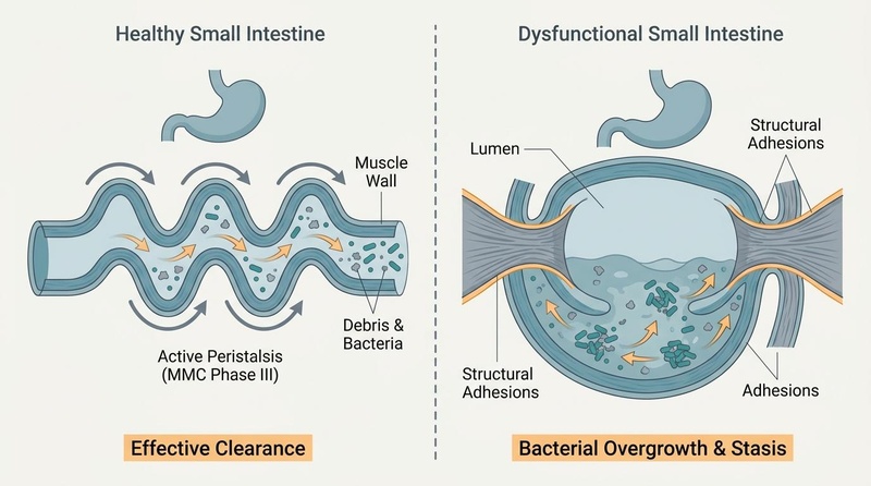 Figure 1: SIBO pathogenesis, illustrating migrating motor complex (MMC) failure versus healthy intestinal motility, structural adhesions causing stasis, and retrograde migration of colonic bacteria. SIBO Pathogenesis and MMC Dysfunction
