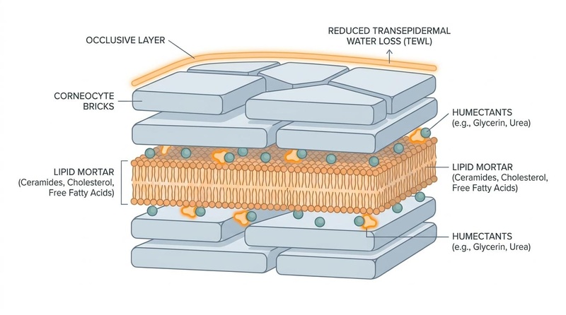 A scientific diagram of the stratum corneum skin barrier illustrating the brick-and-mortar model. Features flat corneocyte bricks, a lipid lamellae mortar composed of ceramides, cholesterol, and fatty acids, humectants binding water, and an occlusive layer reducing transepidermal water loss (TEWL) on an off-white background with muted blue, teal, and soft orange accents.