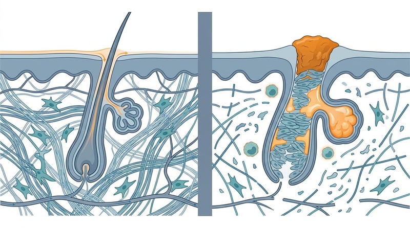 Anatomy of a healthy vs. dilated pore showing follicular hyperkeratinization, sebum accumulation, and dermal collagen degradation. Figure: Pathophysiology of Enlarged Pores. Dilated pores arise from a combination of follicular hyperkeratinization, increased sebum production, and degradation of surrounding dermal collagen support tissue.