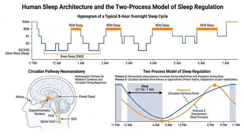 Figure 3: Human Sleep Architecture, Circadian Pathways, and the Dual-Process Model of Sleep Regulation. Top: Step-wise hypnogram from 11 PM to 7 AM with clearly labeled REM sleep blocks and Deep Sleep (SWS) troughs. Bottom-Left: The neuroanatomical multisynaptic pathway for circadian melatonin regulation (Retina -> SCN -> PVN -> Spinal Cord -> SCG -> Pineal Gland), with SCN labeled exactly once pointing to the anterior hypothalamus. Bottom-Right: The Two-Process Model, where Process S (Sleep Pressure) peaks exactly at 11 PM sleep onset and declines immediately, Process C (Circadian Alertness) peaks in the late afternoon/early evening (6 PM to 9 PM) and declines before bedtime, and the shaded sleep window aligns perfectly starting precisely at 11 PM. Human Sleep Architecture, Circadian Pathways, and the Dual-Process Model of Sleep Regulation