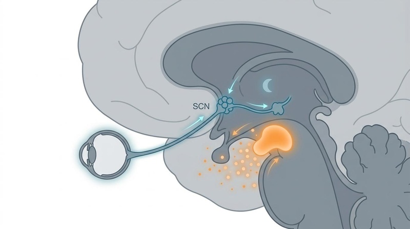 Minimalist scientific illustration showing the biological mechanisms of Process C and Process S sleep regulation
