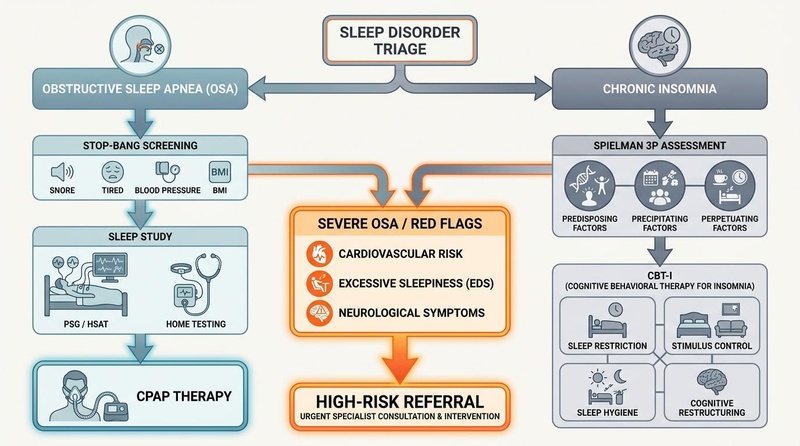 Clinical flowchart showing sleep disorder triage paths for Obstructive Sleep Apnea and Chronic Insomnia