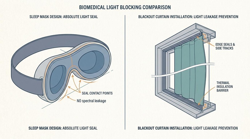 Diagram comparing sleep mask and blackout curtains