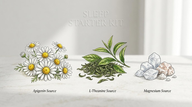 Sleep Starter Kit showcasing Chamomile (Apigenin source), Green Tea (L-Theanine source), and Mineral Crystals (Magnesium source).