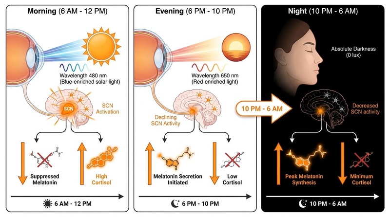 Three-panel biomedical infographic demonstrating circadian spectral light optimization: morning blue light (480 nm) triggering SCN activation, evening red-shifted light (650 nm) allowing declining SCN activity, and nighttime absolute darkness (0 lux) showing decreased SCN activity and peak melatonin synthesis. A transition arrow shows the 10 PM - 6 AM window.