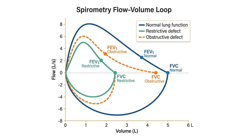 A clinical flow-volume loop diagram illustrating healthy lung volume and airflow curves alongside obstructive and restrictive patterns with FEV1 and FVC indicators.