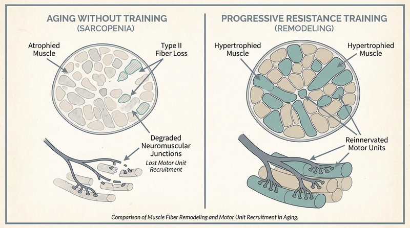 Figure 1: Neuromuscular remodeling under progressive resistance training (PRT) versus sedentary aging. PRT preserves Type II fiber size and maintains motor unit recruitment pathways.